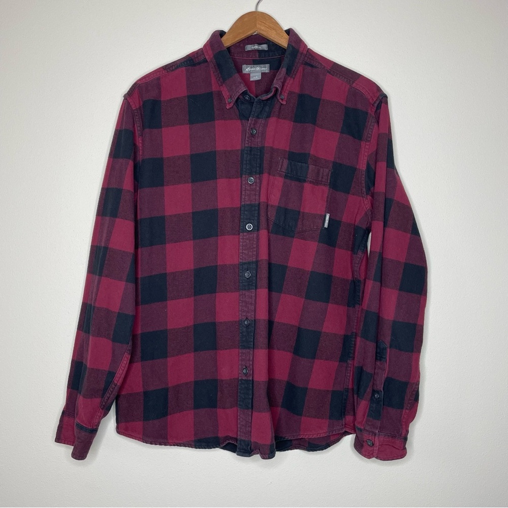 Eddie Bauer Dark Red and Black Buffalo Plaid 100% Cotton Flannel Shirt